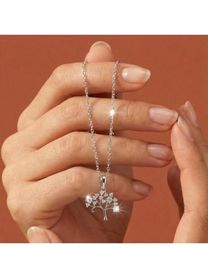 Valmont Accessories Kadın Hayat Ağacı Figürlü Taşlı Kolye Gümüş Renk Şık Tasarım 41+2 cm