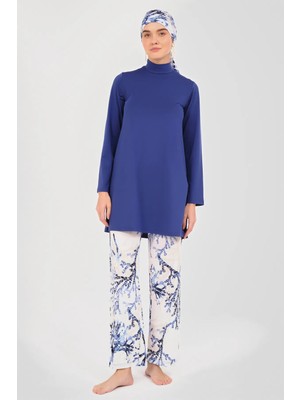 Alfasa Kadın Tam Kapama Fermuarlı Desenli Su Itici Özelliği 5 Parça Beli Lastikli Paraşüt Kumaş Tesettür Mayo