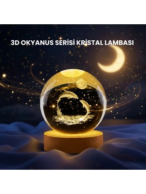 Antalya Mermerit ve Granit Yunus Figürlü LED Kristal Küre Ahşap Standlı Dekoratif Gece Lambası