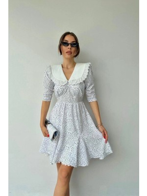 Stores36 Beyaz Puantiyeli Önlük Yaka Elbise