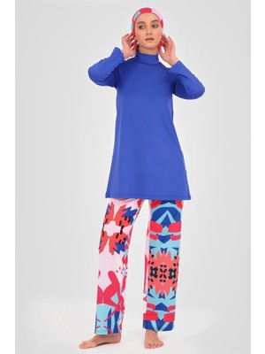 Alfasa Kadın Tam Kapama Fermuarlı Desenli Su Itici Özelliği 5 Parça Beli Lastikli Paraşüt Kumaş Tesettür Mayo