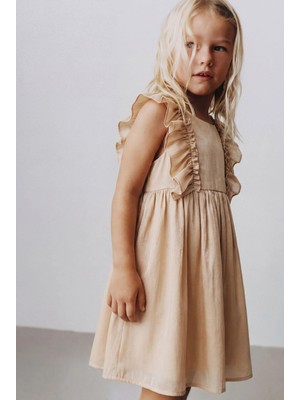 Magu Kız Çocuk Pamuklu Bej Fırfır Detaylı Elbise