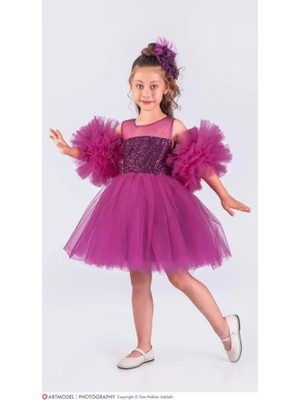 Diamondstar Kız Çocuk Ponponlu Parti Kıyafeti Doğum Günü ve Gösteri Kostümü Elbisesi 3/10 Yaş