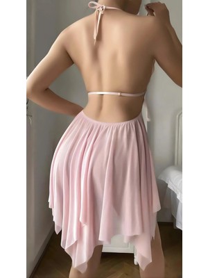 Liyuza Pembe Butterfly Lace Kelebek Işlemeli Tül Fantezi Gecelik