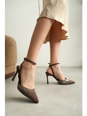 Alfaze Acı Kahve Deri Taş Detaylı Bilek Bantlı Ince Topuklu Davet Ayakkabı