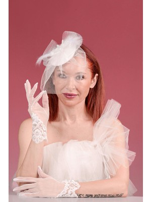 Sed da Exclusive Kırıkbeyaz Dantel Gelin Kepi, Nikah  Şapkası  ve  Düğmeli  Dantelli Eldiven Kombinset