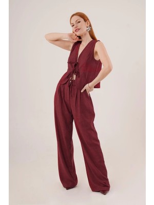 Stores36 Ön Bağlama Detaylı Yelek ve Pantolon Bordo Ikili Takım