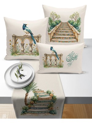 Bertille Home Ramazan Bohem  Serisi 3'lü Kırlent + 1 Runner Set Dijital Baskılı (Ramadan Set)