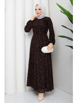 Pamuk Butik Kadın Kuşaklı Flok Baskılı Astarlı Tül Elbise -PMK544