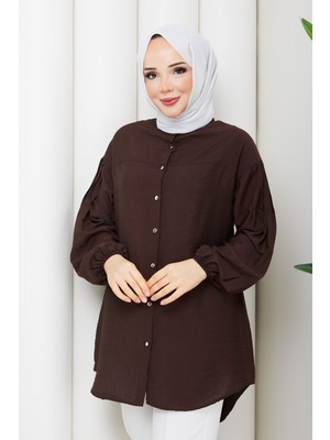 Pamuk Butik Kadın Kolu Nervür Detaylı Robalı Liliom Gömlek -PMK542