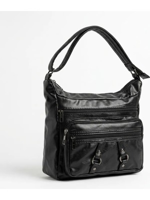 Mg Concept Kadın Omuz Çantası – Deri Görünümlü Çok Gözlü Fermuarlı Günlük Kullanım Çapraz Askılı Siyah Çanta