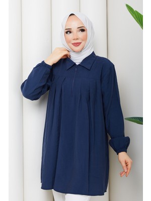 Pamuk Butik Kadın Pileli Fermuar Detaylı Polo Yaka Tunik -PMK545