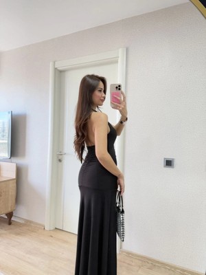 Stores36 Sırt Dekolteli Uzun Kollu Elbise - Siyah