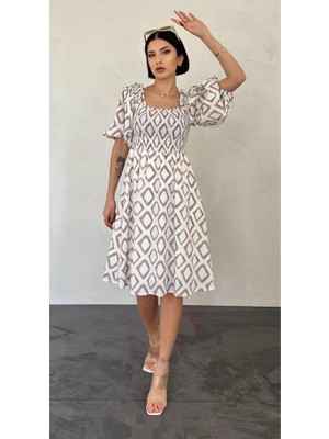 Stores36 Vizon Kare Desenli Yazlık Elbise