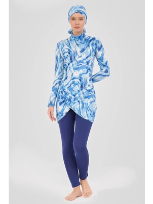 Alfasa Kadın Tam Kapama Fermuarlı Desenli Su Itici Özelliği 5 Parça Beli Lastikli Paraşüt Kumaş Tesettür Mayo