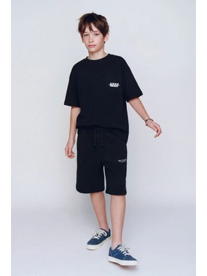 Magu Erkek Çocuk Pamuklu Siyah Yazı Baskılı T-Shirt Şort Takım - Rahat Kalıp