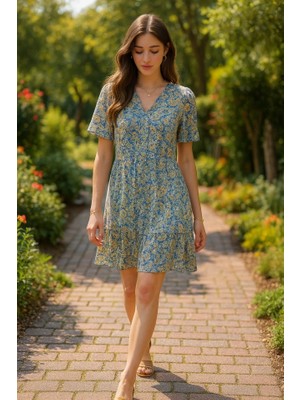 Stores36 Yeşil Desenli Saten Elbise