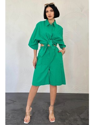 Stores36 Yeşil Kısa Kollu Keten Gömlek ve Şort Takım