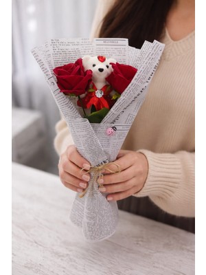 Ceku Home Tasarım Kırmızı Güllü Ayıcık Buketi, Sevgiliye Hediye, Hediyelik, Çiçek, Kız Çocuğa