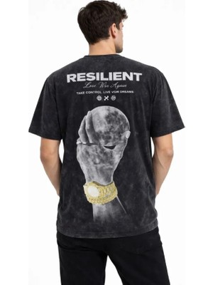 Zenvia Erkek Asit Yıkamalı Baskılı Tişört Bisiklet Yaka Kısa Kollu Streetwear T-Shirt - Siyah