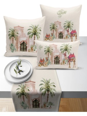 Bertille Home Ramazan Bohem  Serisi 3'lü Kırlent + 1 Runner Set Dijital Baskılı (Ramadan Set)