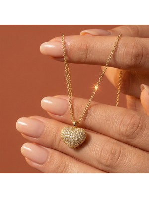 Valmont Accessories Kadın Kalp Figürlü Taşlı Altın Sarısı Kolye Şık Tasarım 41+2 cm