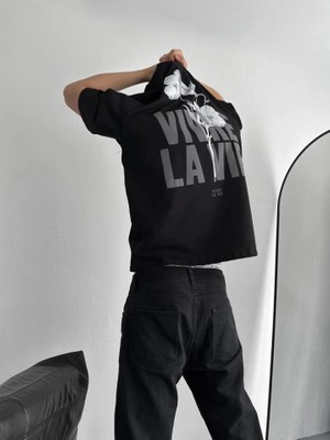 Stores36 Baskılı Oversize Bisiklet Yaka T-Shirt - Siyah