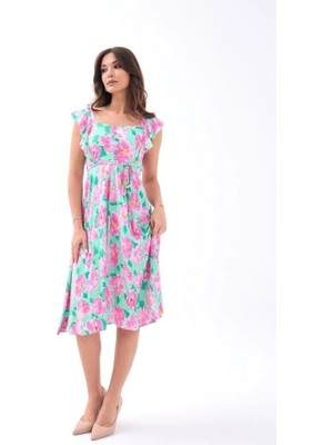 Stores36 5370 Elbise-Pembe Gül Desen