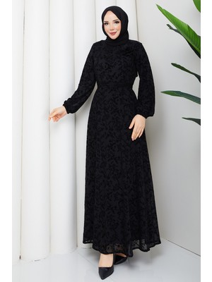 Pamuk Butik Kadın Kuşaklı Flok Baskılı Astarlı Tül Elbise -PMK544