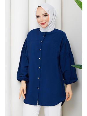 Pamuk Butik Kadın Kolu Nervür Detaylı Robalı Liliom Gömlek -PMK542
