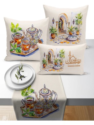 Bertille Home Ramazan Bohem  Serisi 3'lü Kırlent + 1 Runner Set Dijital Baskılı (Ramadan Set)