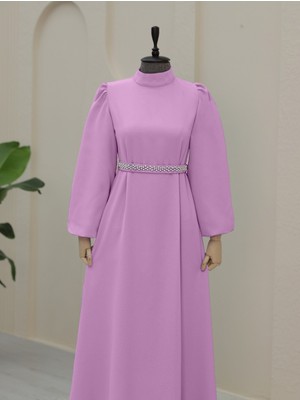 Moda Morfo Hakim Yaka Balon Kol Kemerli Elbise -Pembe