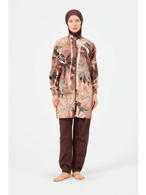 Alfasa Kadın Tam Kapama Fermuarlı Desenli Su Itici Özelliği 5 Parça Beli Lastikli Paraşüt Kumaş Tesettür Mayo