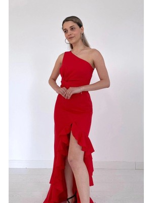 Stores36 Kırmızı Yırtmaçlı Volanlı Elbise