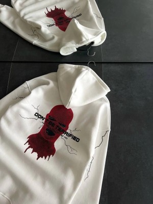 Stores36 Üç Iplik Kapşonlu Baskılı Oversize Sweatshirt- Beyaz