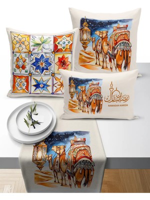 Bertille Home Ramazan Bohem  Serisi 3'lü Kırlent + 1 Runner Set Dijital Baskılı (Ramadan Set)