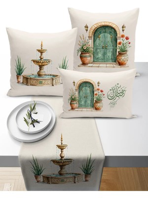 Bertille Home Ramazan Bohem  Serisi 3'lü Kırlent + 1 Runner Set Dijital Baskılı (Ramadan Set)