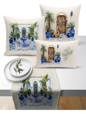 Bertille Home Ramazan Bohem  Serisi 3'lü Kırlent + 1 Runner Set Dijital Baskılı (Ramadan Set)