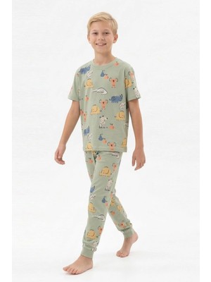 Bunny Hopp Erkek Çocuk %100 Pamuk Süprem Pijama Takımı - Kısa Kollu Manşetli Yazlık Pijama - Gri Hayvan Desenli
