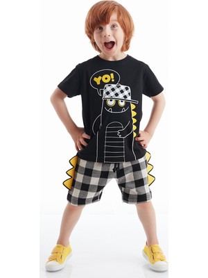Denokids Yo Dino Erkek Çocuk Şort Takım 2 Yaş Eğlenceli Tema ile Siyah-Gri Desenli
