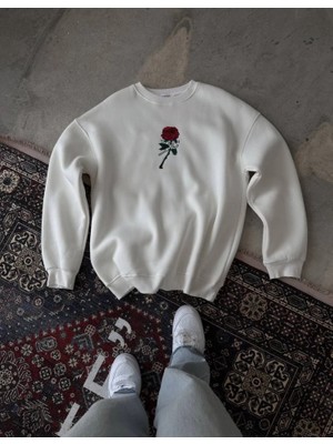 Stores36 Unisex Bisiklet Yaka Ön ve Arka Baskılı Sweatshirt - Beyaz