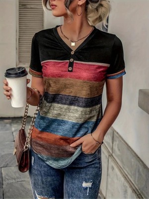 Stores36 Kadın Kısa Kollu V Yakalı Düğmeli Çok Renkli Süprem Bluz