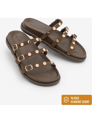 Marjin Kadın Hakiki Deri Üç Bantlı Zımbalı Günlük Terlik Zoven Kahve Süet