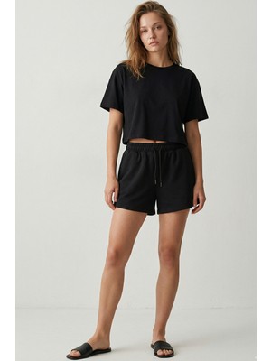 elemge Kadın Pamuklu Siyah Beli Ipli Şort Günlük Basic Regular Fit Cepli Normal Bel Rahat Kesim 2 Iplik
