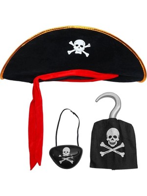 Daniska Mey Ithalat Kadife Kaptan Jack Korsan Şapkası Korsan Eli ve Korsan Göz Maskesi Çocuk Boy