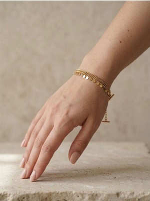 Triya Wear Studio-Çelik Kararmaz Gold Renk  Zincir Detaylı Kadın Bileklik