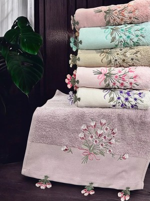 ayhanhome 6'lı Çeyizlik Mutfak Havlu Seti 30x50 Pamuk Materyal Renkli Küpeli Çiçek İşleme