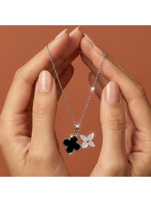 Valmont Accessories Kadın Yonca Figürlü Çift Uçlu Kolye Siyah Beyaz Taşlı Şık Tasarım 41+5 cm