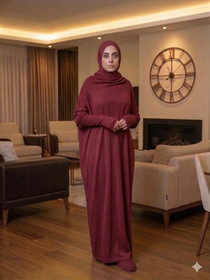 Lurji Bordo Tek Parça Pratik Namaz Elbisesi - Pamuklu Penye, Kolay Giyilebilir, Düz Renk