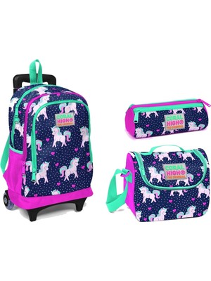 Yaygan Coral High Unicorns Renkli Okul Çanta Seti Çekçek Tekerlekli ve Termal Beslenme Çantası